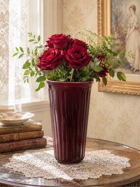 VINTAGE Ribbed Vase Ruby Garnet Red Glass, Tall, Rare, Vintage Collectible
